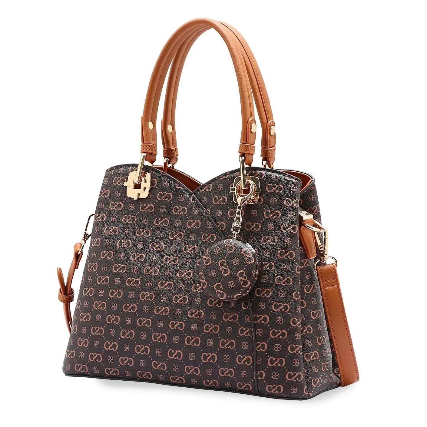 Bolsa de mão Chenson marrom vista lateral com alças e ferragens douradas